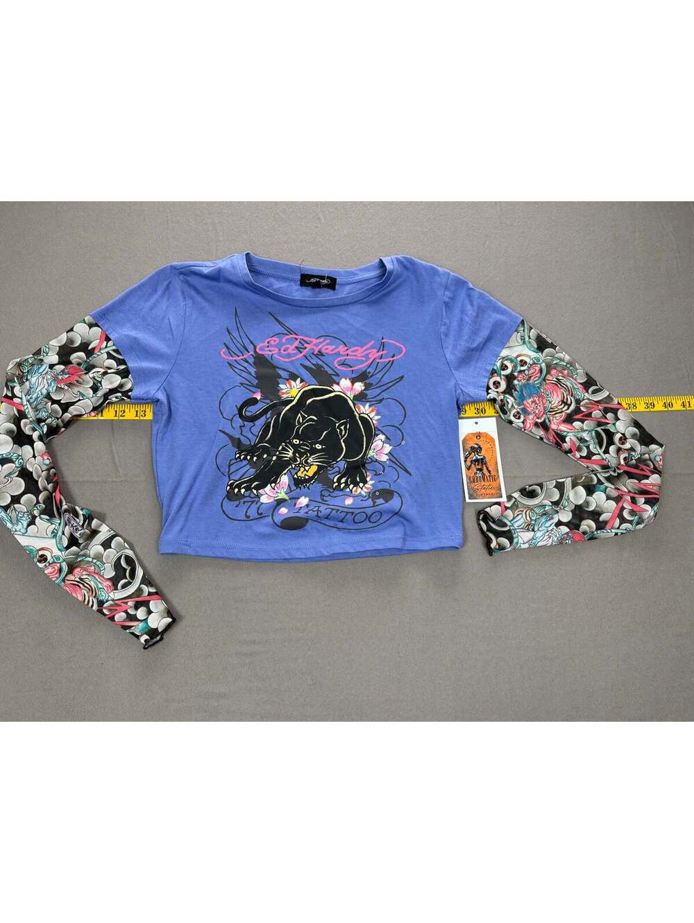 Ed Hardy – Women’s Layered Tattoo-Sleeve Graphic T-Shirt –